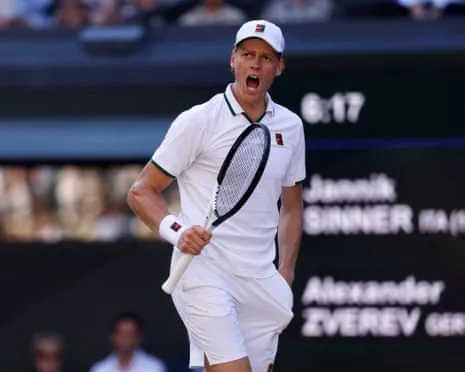 Jannik Sinner celebrates winning the second set against Alex Zverev.