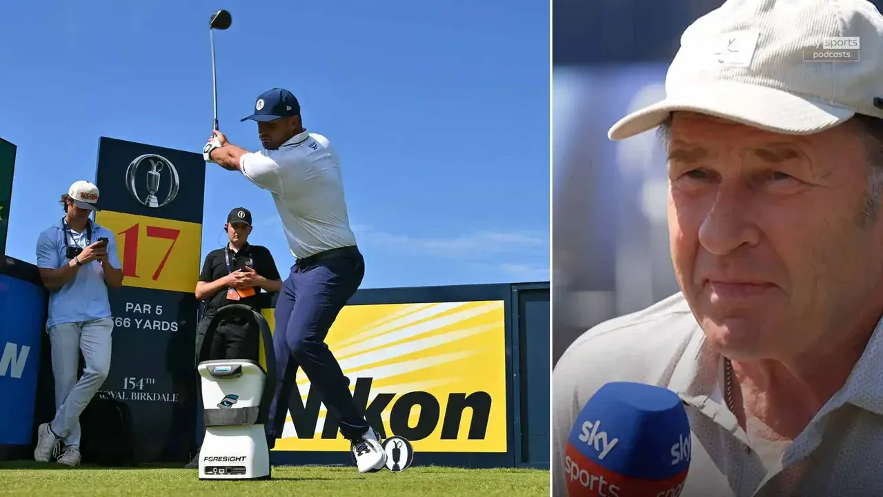 Right: Nick Faldo interviewed at Royal Birkdale. Left: Bryson DeChambeau hits drive at 2026 Open Championship.