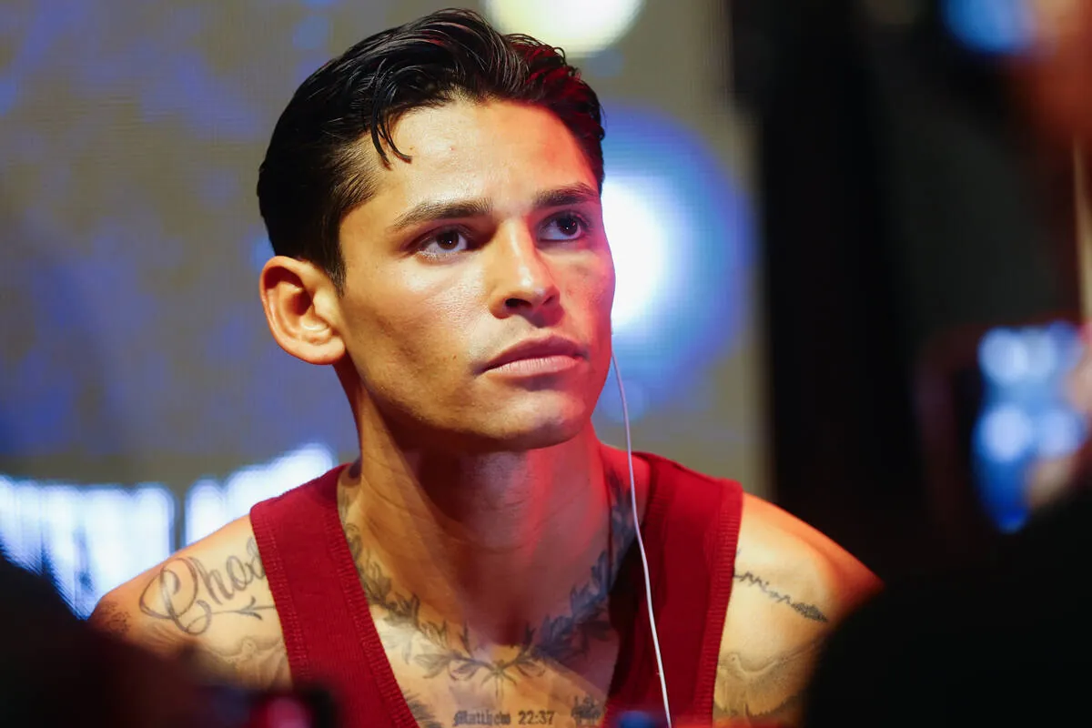 Ryan Garcia speaks with media after the final press conference on Thursday, Feb. 19, 2026, befo ...