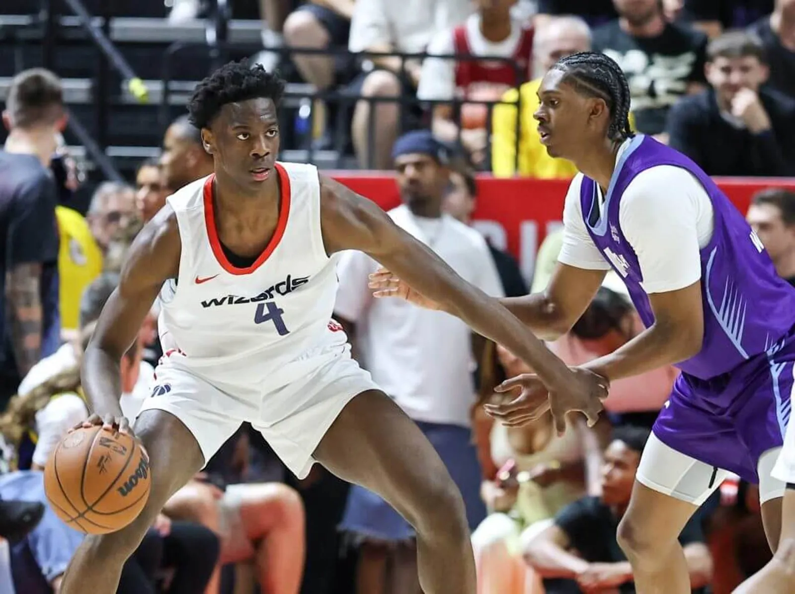 Washington Wizards' AJ Dybantsa backs down Utah Jazz's Cody Williams during an NBA Summer League game on July 9, 2026.
